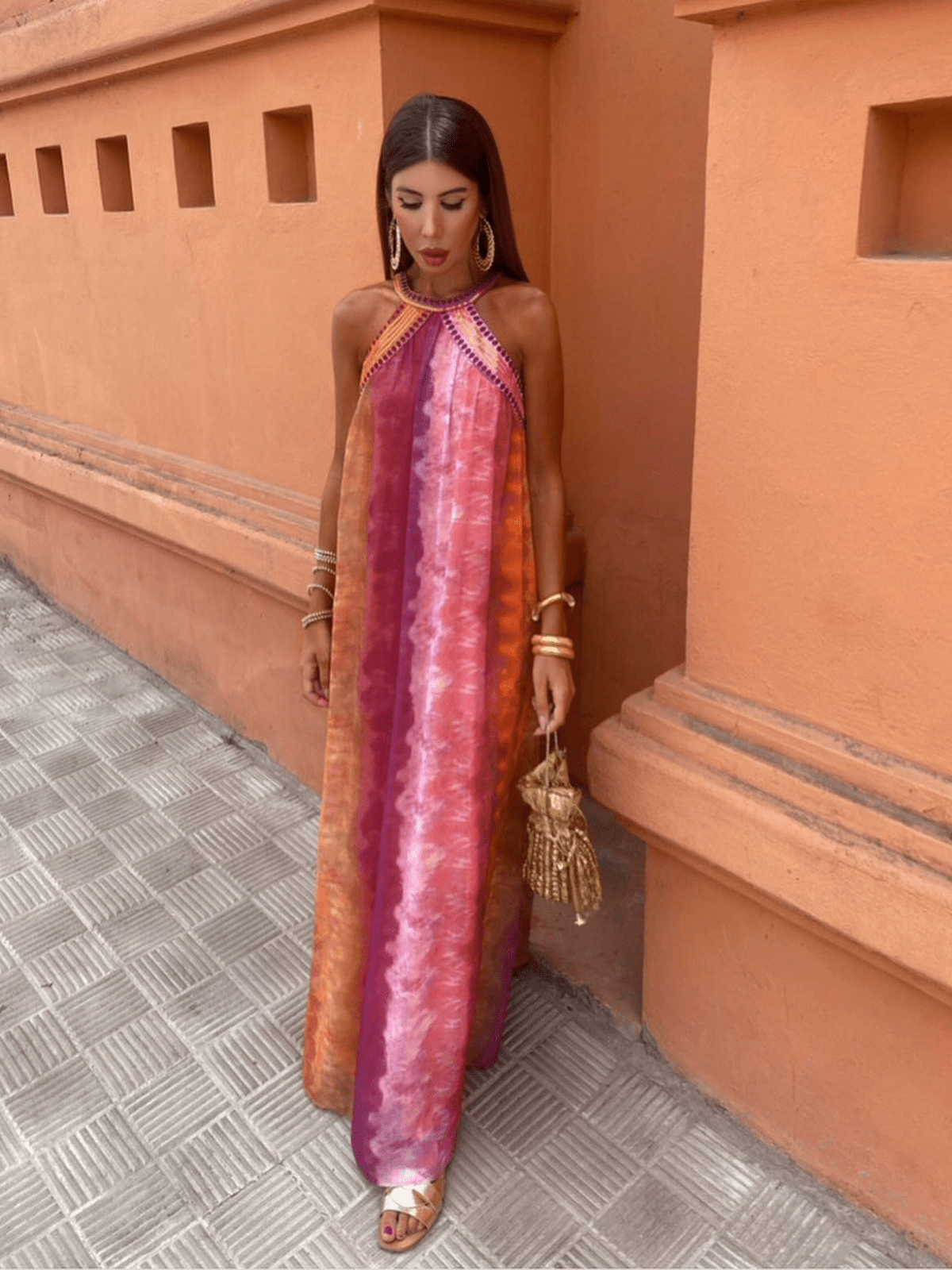 Women’s Halter Maxi Dress with Embroidered Neckline and Ombre Plissé Pleats