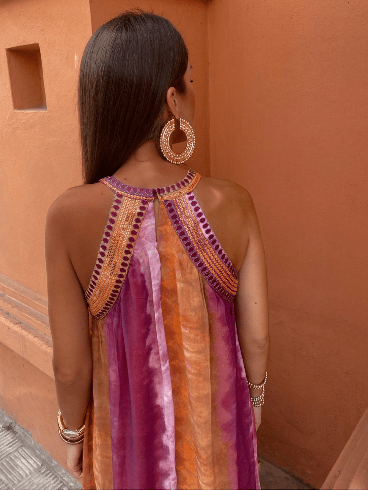 Women’s Halter Maxi Dress with Embroidered Neckline and Ombre Plissé Pleats