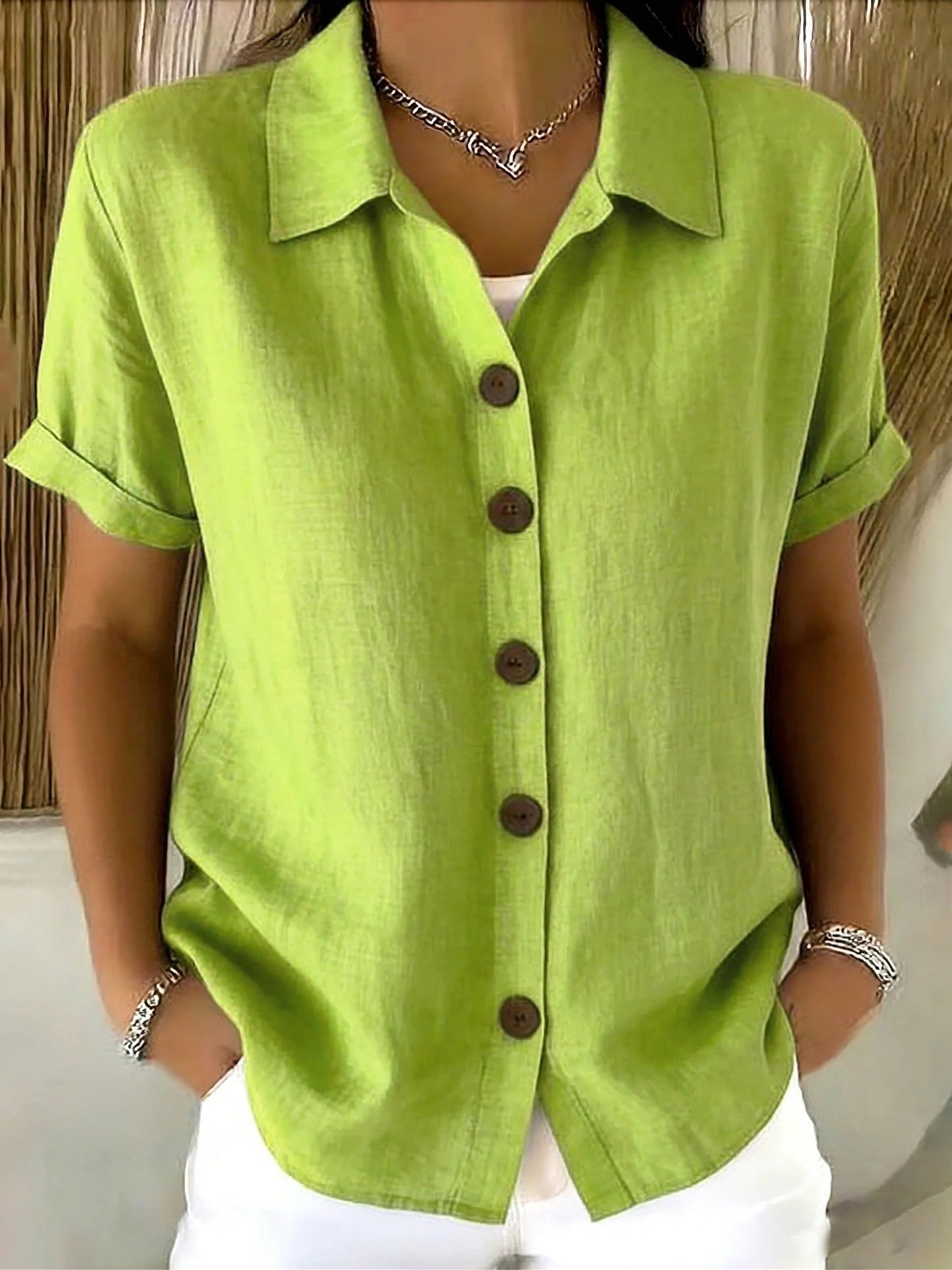 Women’s Casual Shirt with Point Collar and Short Cuffed Sleeves