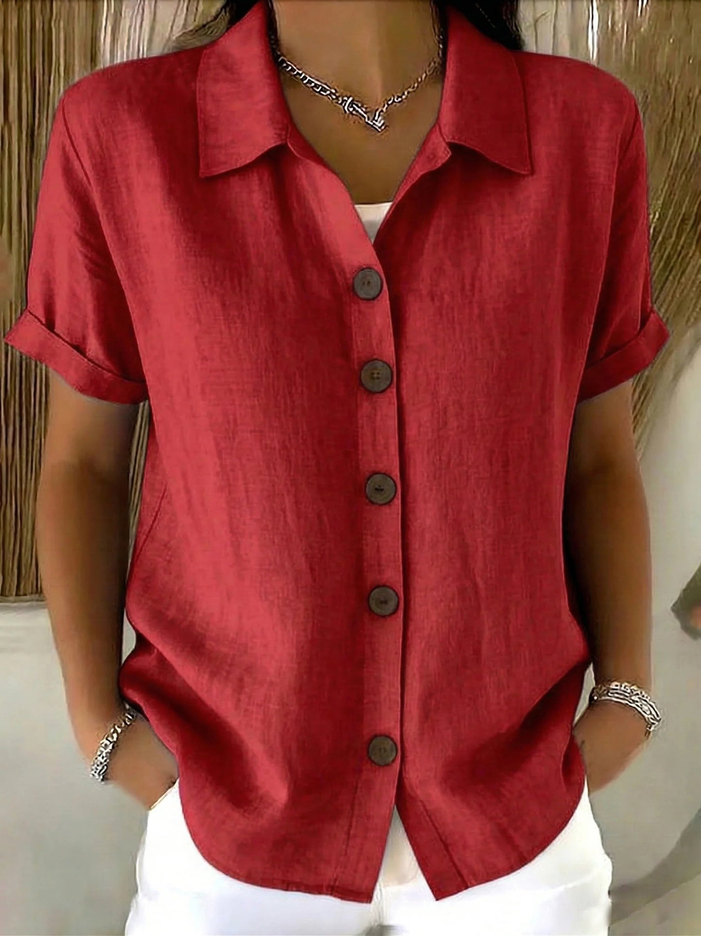 Women’s Casual Shirt with Point Collar and Short Cuffed Sleeves