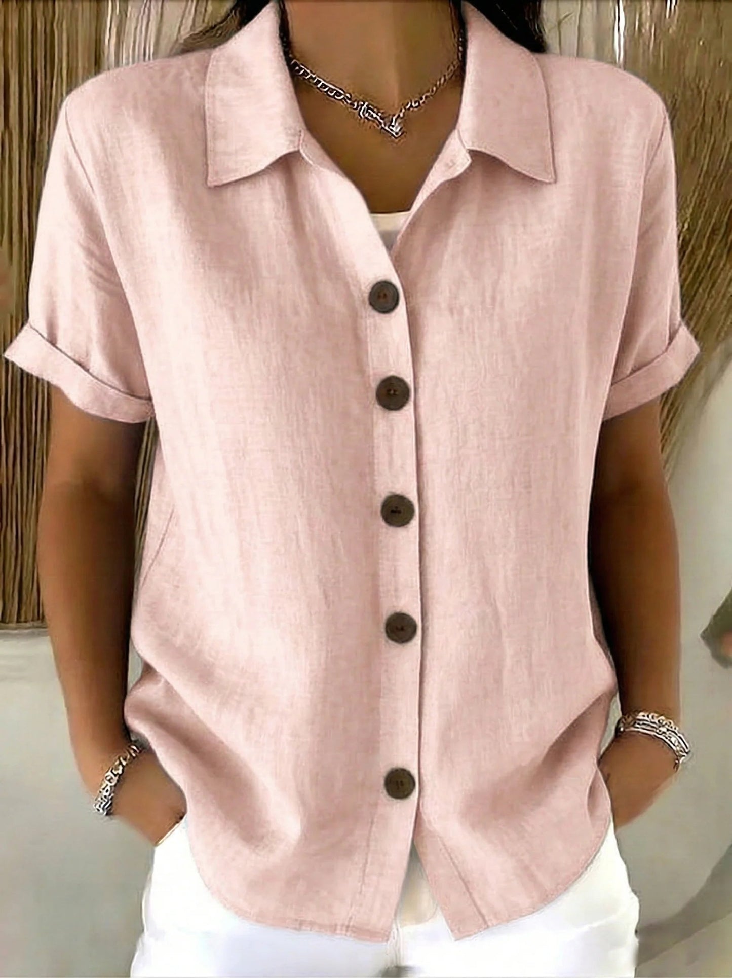 Women’s Casual Shirt with Point Collar and Short Cuffed Sleeves