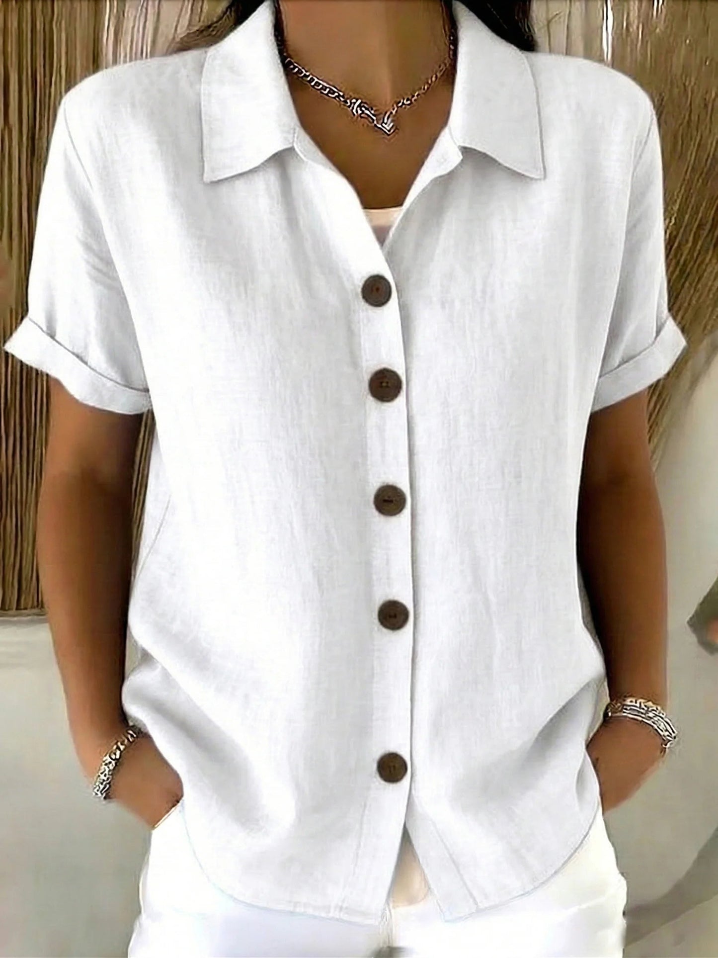 Women’s Casual Shirt with Point Collar and Short Cuffed Sleeves