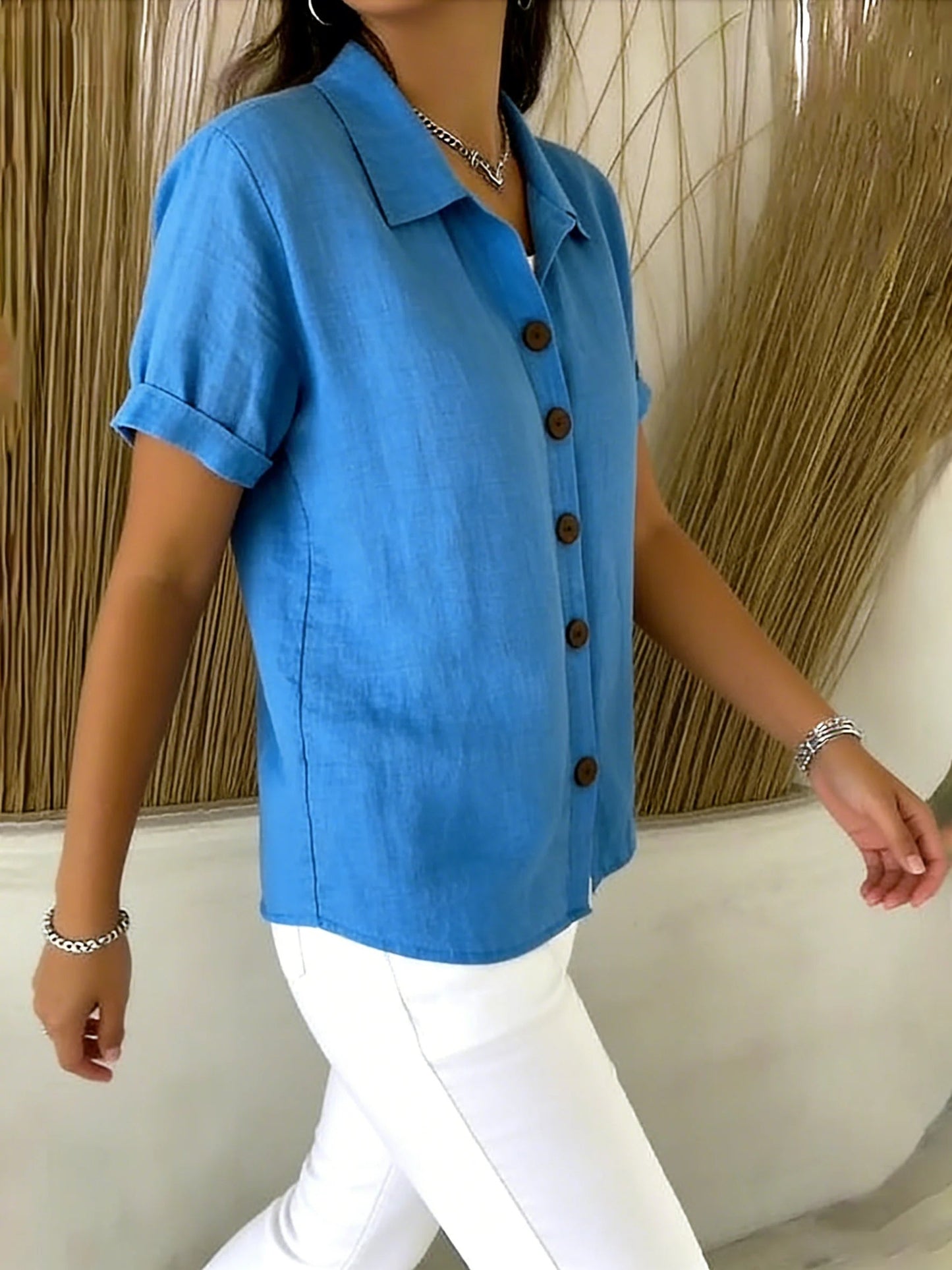 Women’s Casual Shirt with Point Collar and Short Cuffed Sleeves