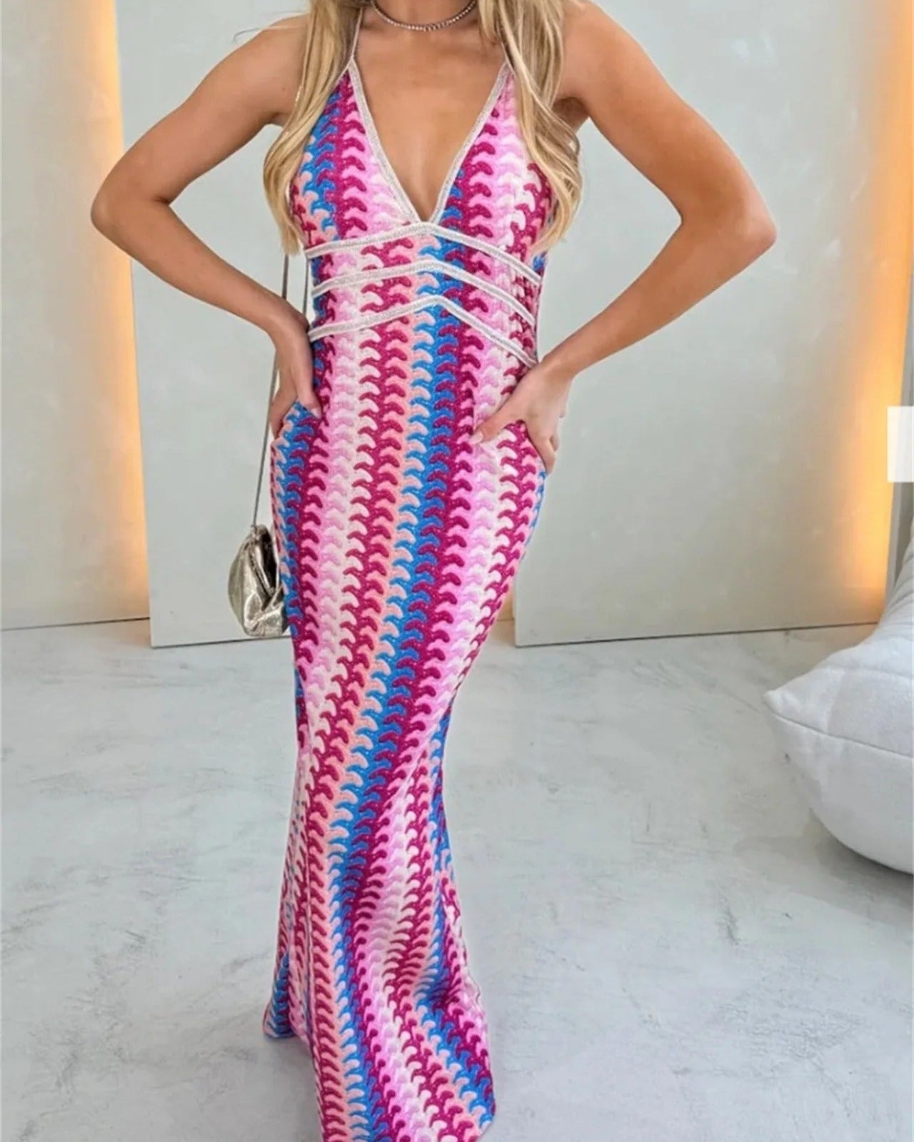 Women’s Maxi Dress with Deep V-Neck and Zig-Zag Crochet Knit Pattern