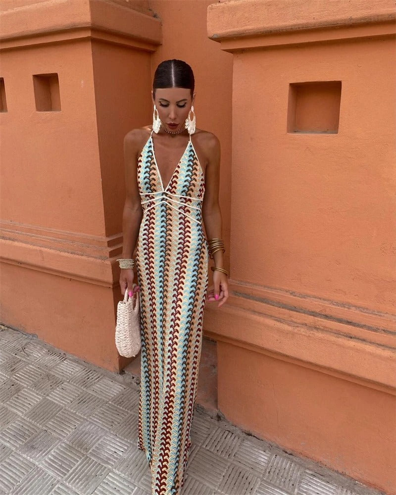 Women’s Maxi Dress with Deep V-Neck and Zig-Zag Crochet Knit Pattern