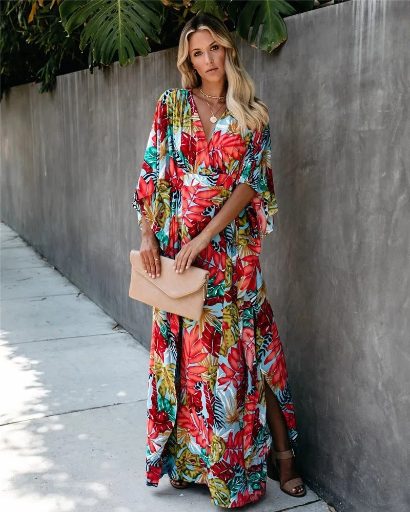 Women’s Wrap Maxi Dress Tropical Print Kimono Sleeve Wedding Guest Gown