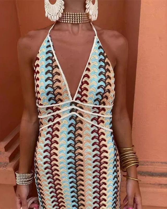 Women’s Maxi Dress with Deep V-Neck and Zig-Zag Crochet Knit Pattern