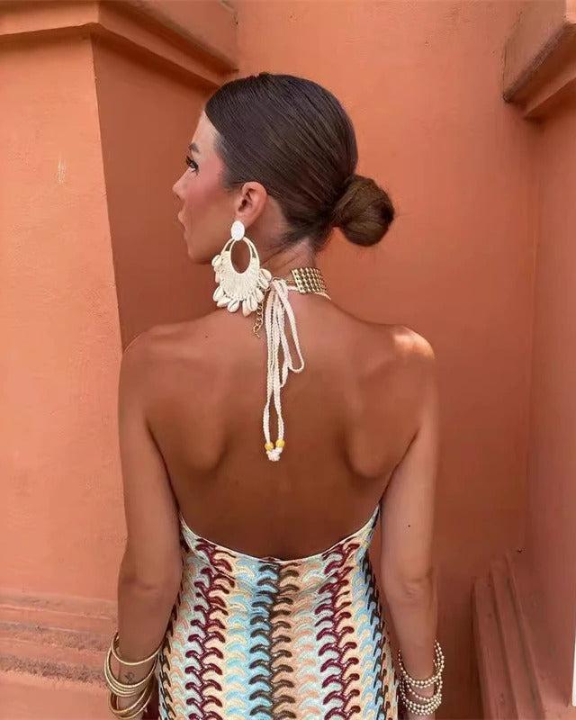 Women’s Maxi Dress with Deep V-Neck and Zig-Zag Crochet Knit Pattern