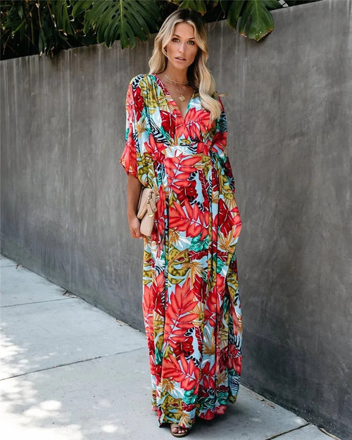 Women’s Wrap Maxi Dress Tropical Print Kimono Sleeve Wedding Guest Gown