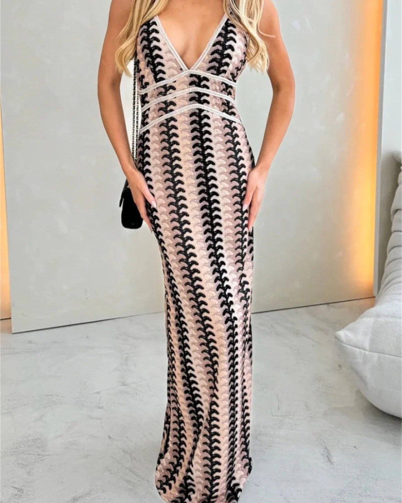Women’s Maxi Dress with Deep V-Neck and Zig-Zag Crochet Knit Pattern