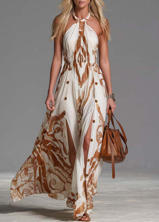 Women’s Halter-neck Maxi Dresses with Geometric Print and Double Front Slits