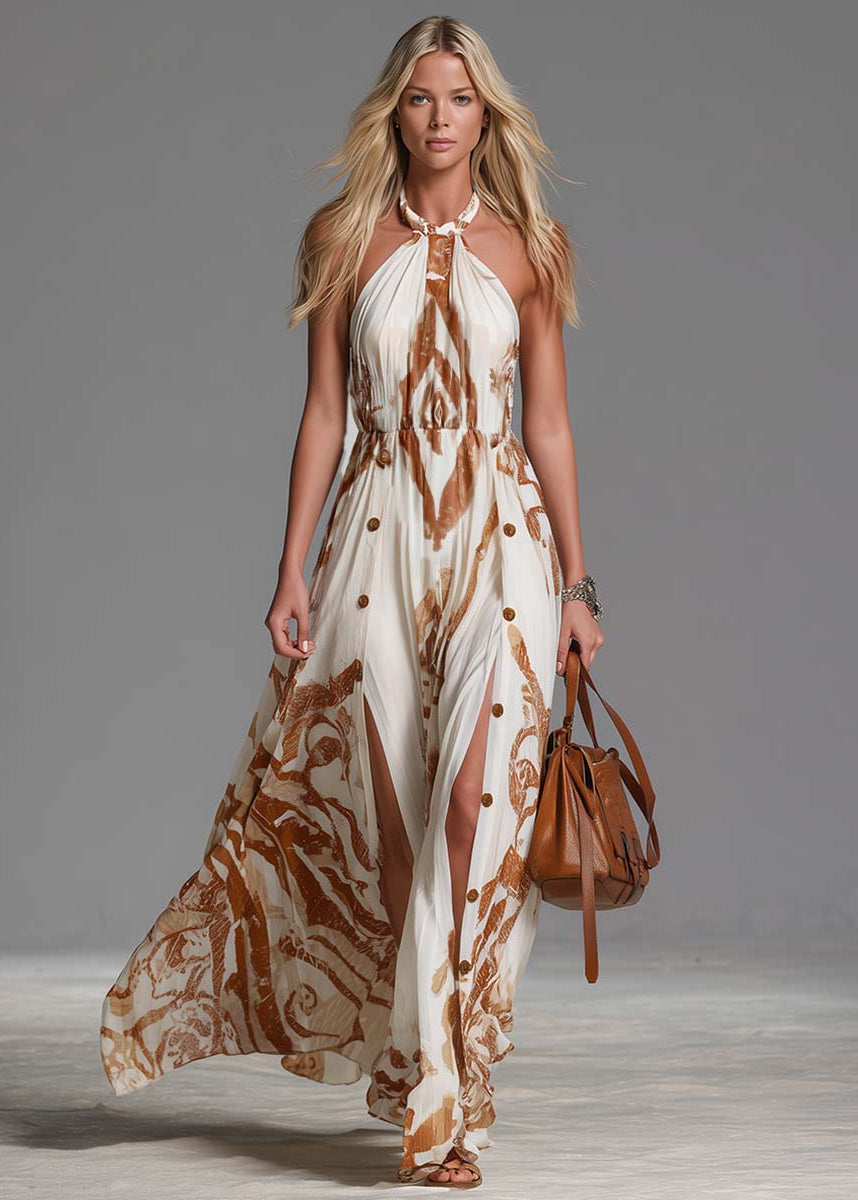 Women’s Halter-neck Maxi Dresses with Geometric Print and Double Front Slits