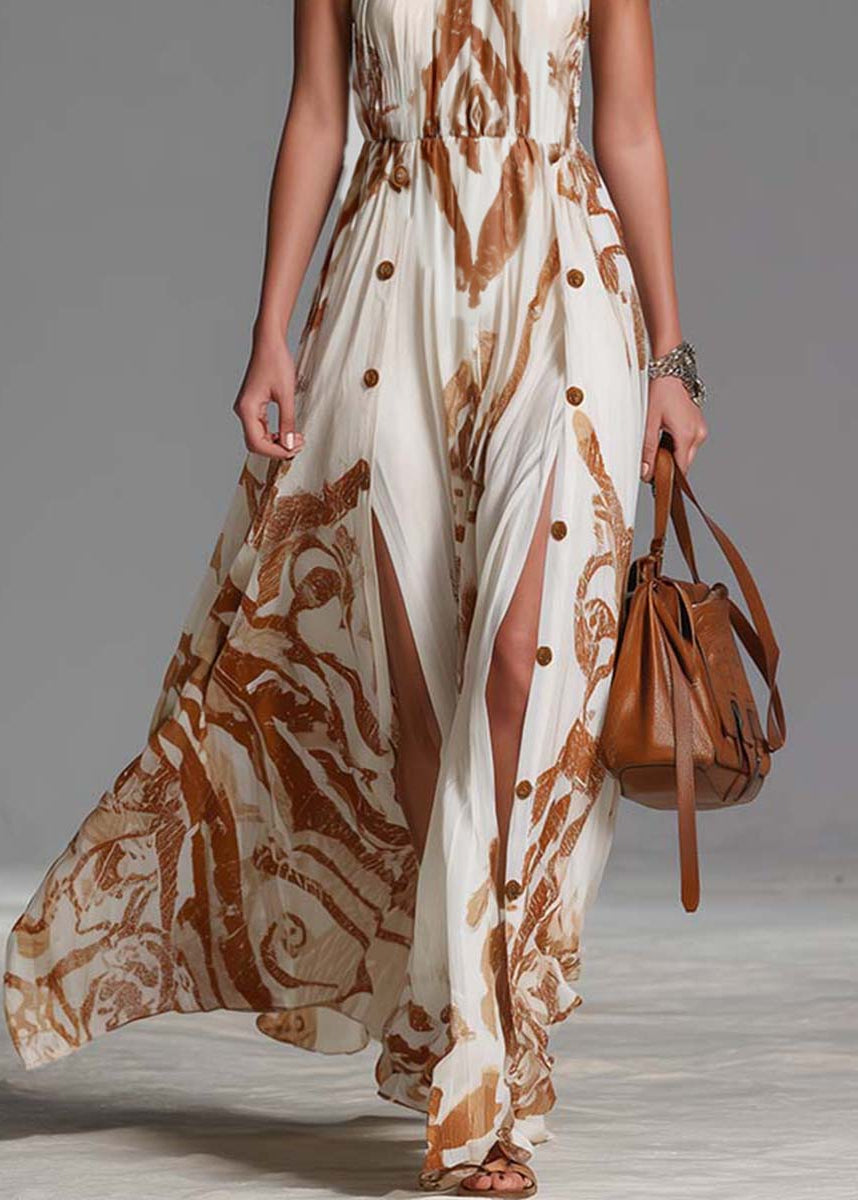 Women’s Halter-neck Maxi Dresses with Geometric Print and Double Front Slits