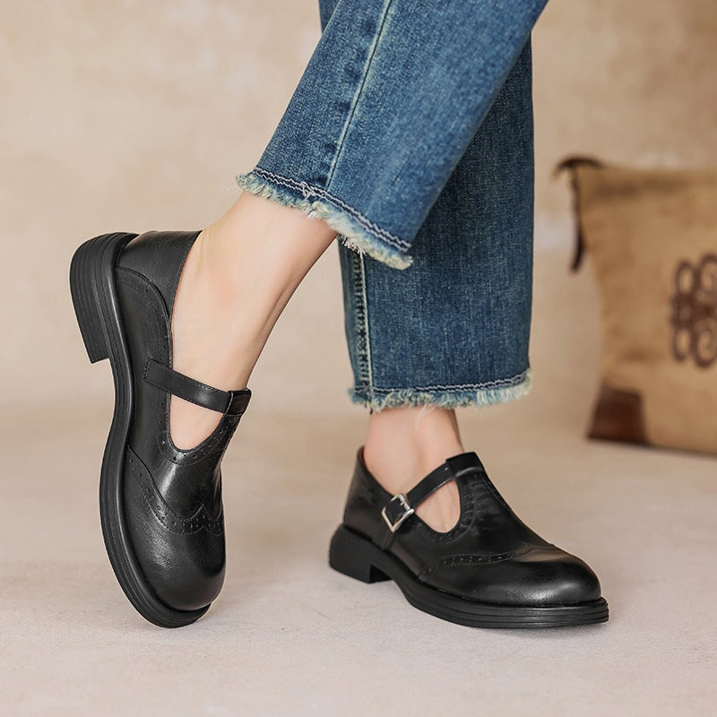 Women’s Mary Jane Shoes Leather Brogue T-Strap with Chunky Low Block Heel