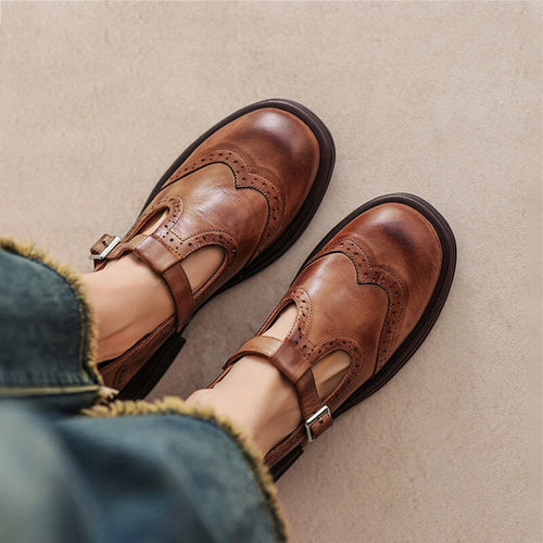 Women’s Mary Jane Shoes Leather Brogue T-Strap with Chunky Low Block Heel