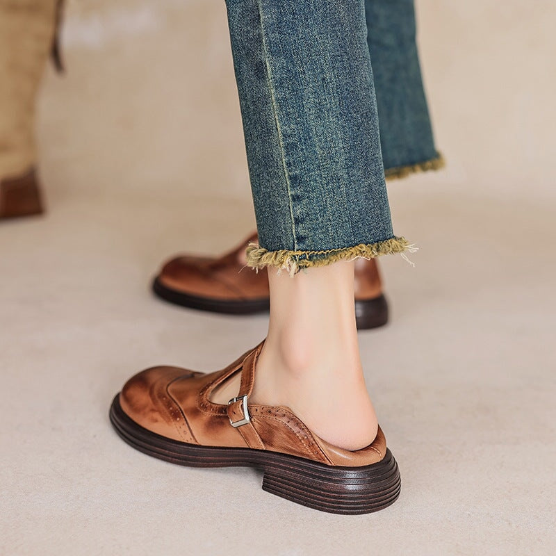 Women’s Mary Jane Shoes Leather Brogue T-Strap with Chunky Low Block Heel