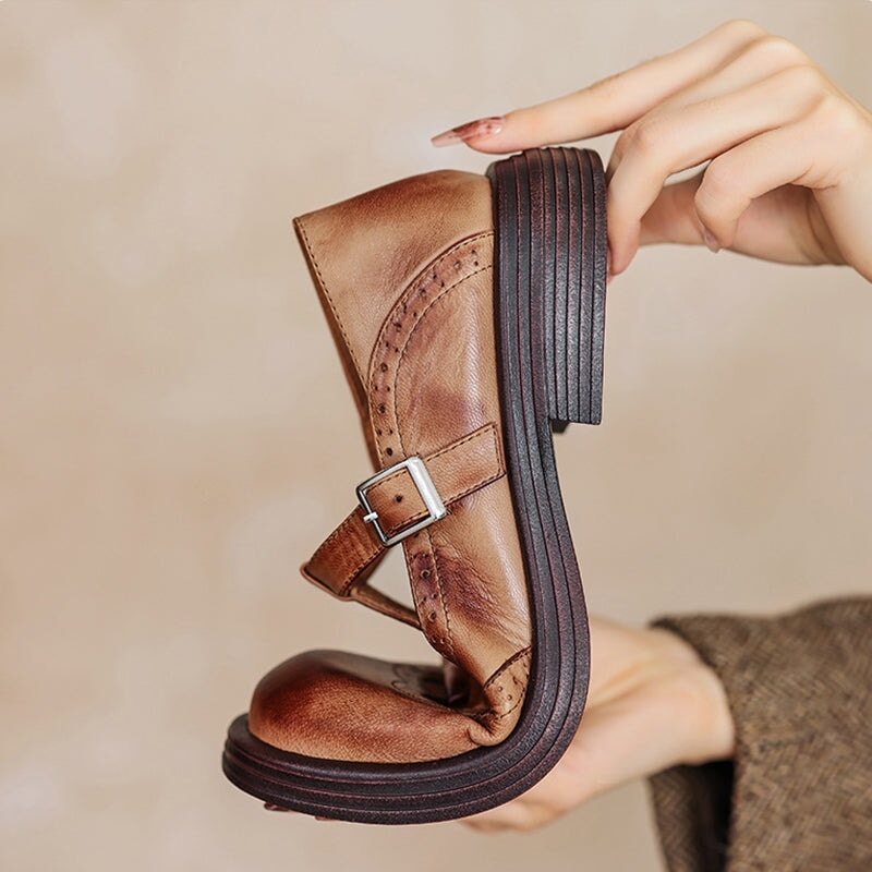 Women’s Mary Jane Shoes Leather Brogue T-Strap with Chunky Low Block Heel