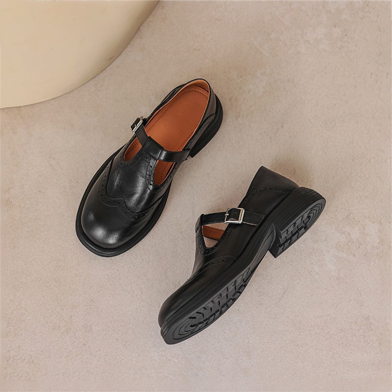 Women’s Mary Jane Shoes Leather Brogue T-Strap with Chunky Low Block Heel