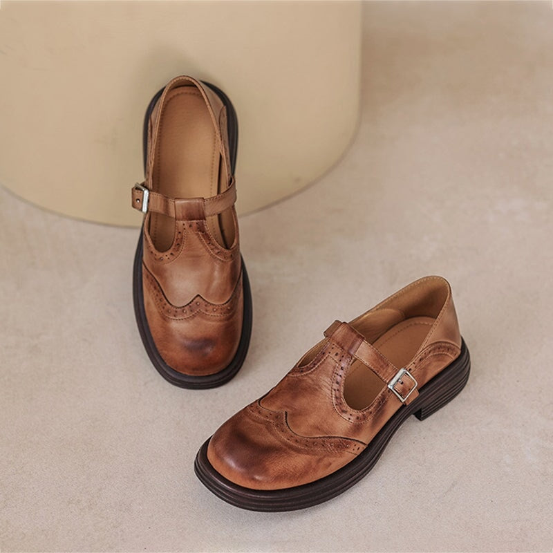 Women’s Mary Jane Shoes Leather Brogue T-Strap with Chunky Low Block Heel