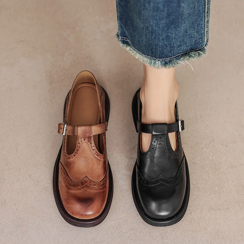Women’s Mary Jane Shoes Leather Brogue T-Strap with Chunky Low Block Heel