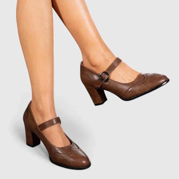 Women’s Mary Jane Shoes with Block Heel and Perforated Detail