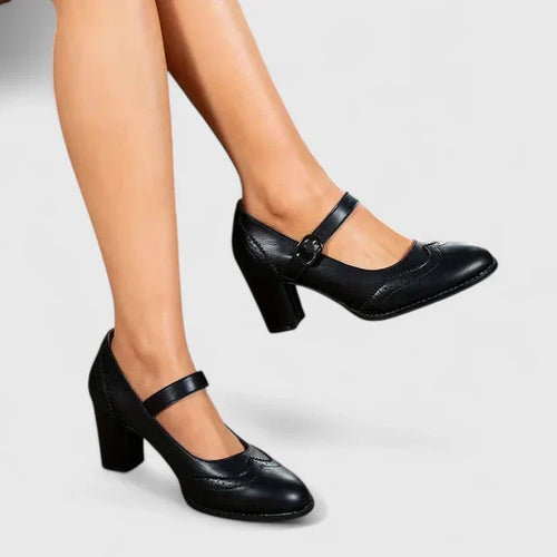 Women’s Mary Jane Shoes with Block Heel and Perforated Detail