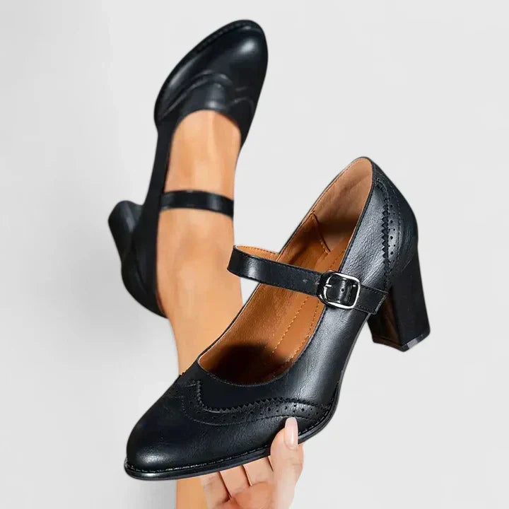Women’s Mary Jane Shoes with Block Heel and Perforated Detail