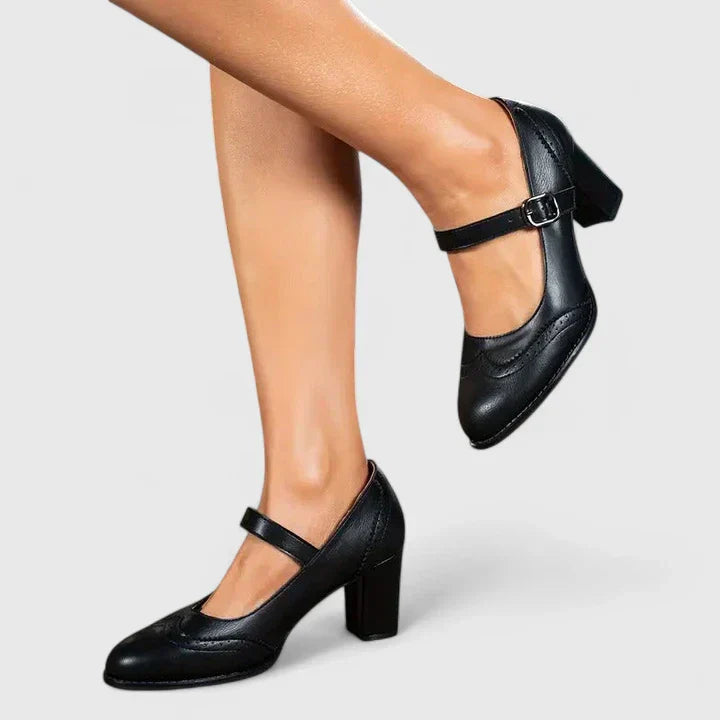 Women’s Mary Jane Shoes with Block Heel and Perforated Detail
