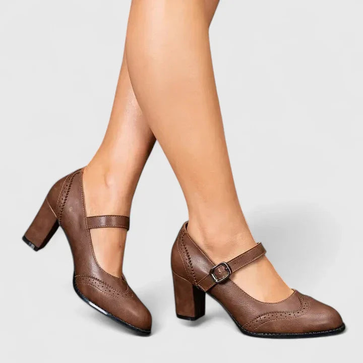 Women’s Mary Jane Shoes with Block Heel and Perforated Detail