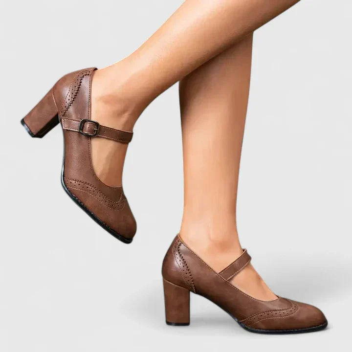 Women’s Mary Jane Shoes with Block Heel and Perforated Detail