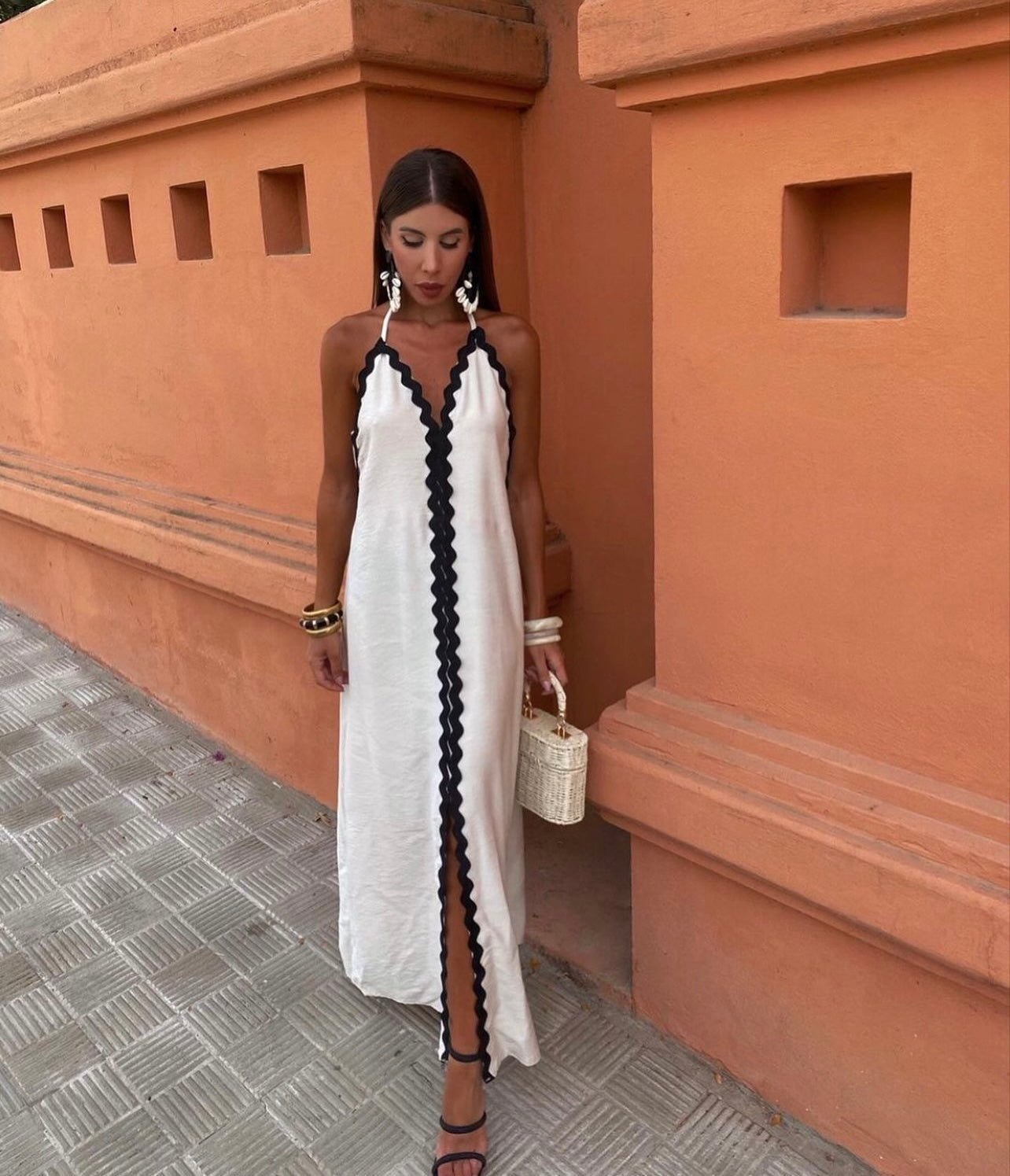 Women’s Maxi Dress with Scalloped Rick-Rack Trim and Halter V-Neckline