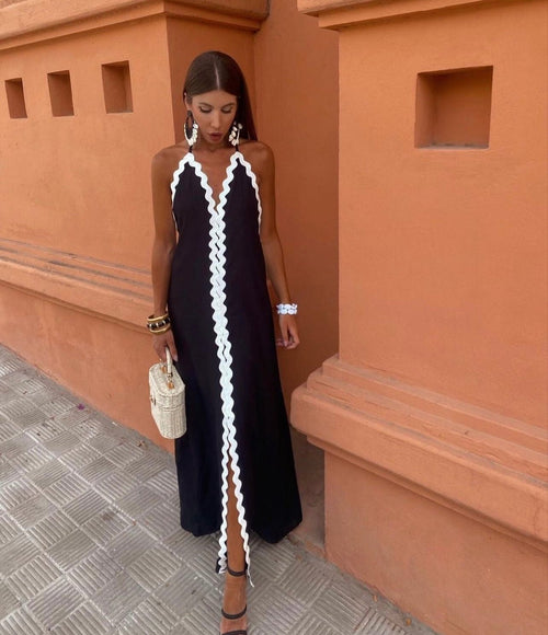Women’s Maxi Dress with Scalloped Rick-Rack Trim and Halter V-Neckline