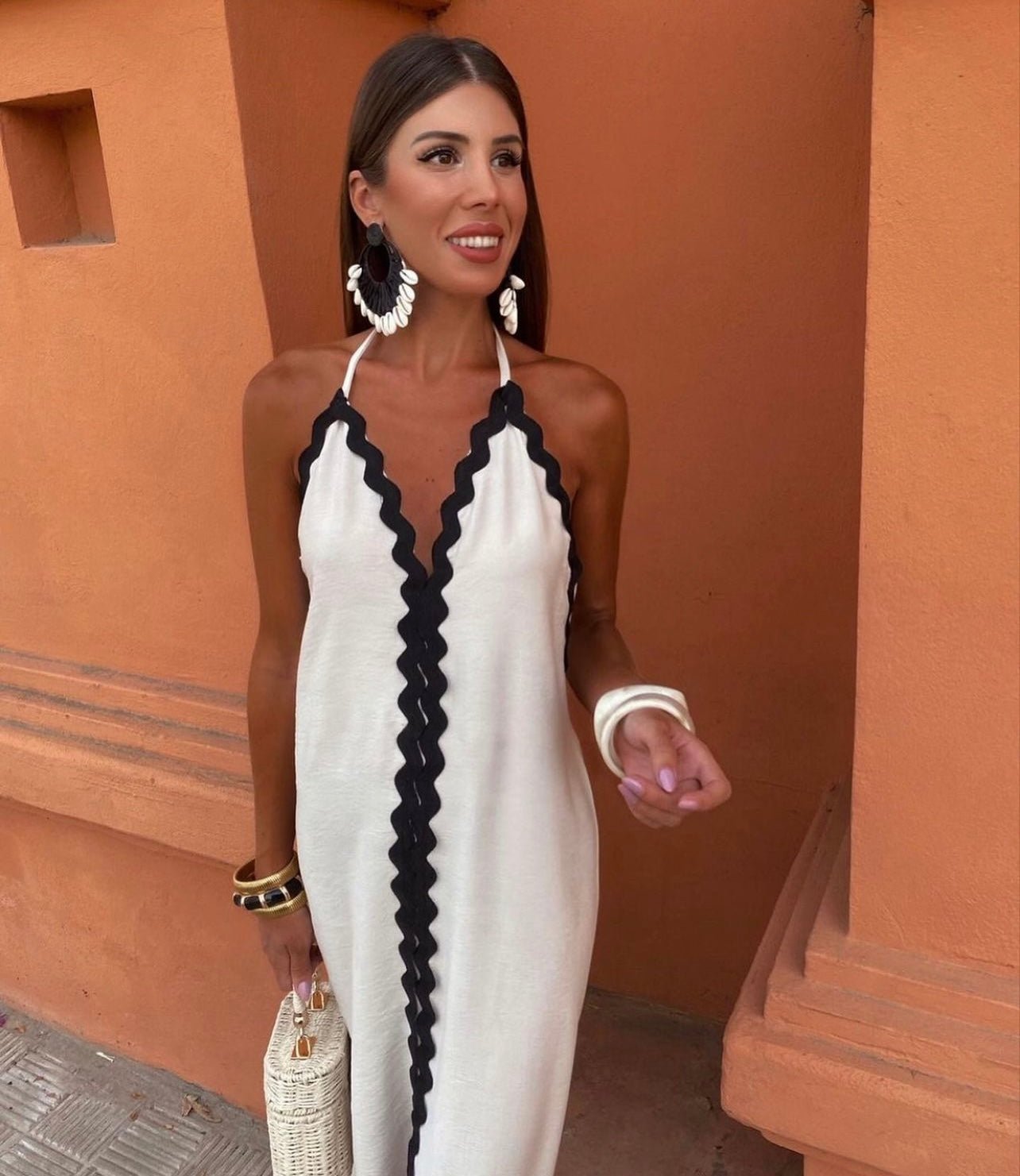 Women’s Maxi Dress with Scalloped Rick-Rack Trim and Halter V-Neckline