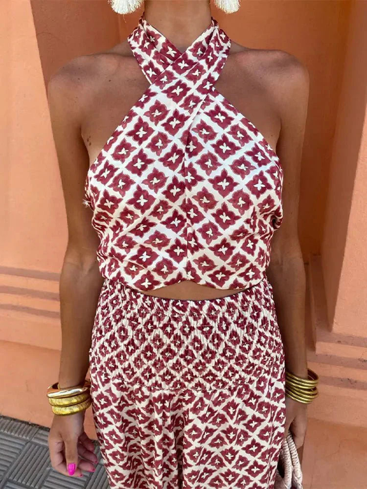 Women’s Maxi Dress with Criss-Cross Halter Neck and Waist Cut-Out Detail