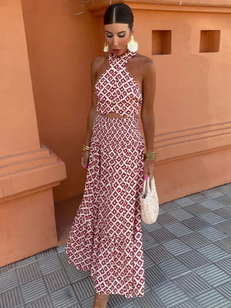 Women’s Maxi Dress with Criss-Cross Halter Neck and Waist Cut-Out Detail