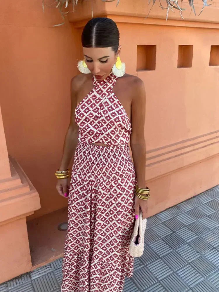 Women’s Maxi Dress with Criss-Cross Halter Neck and Waist Cut-Out Detail