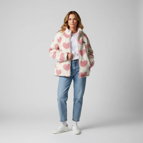 Women's Oversized Heart Print Zip-Up Puffer Jacket With High Collar