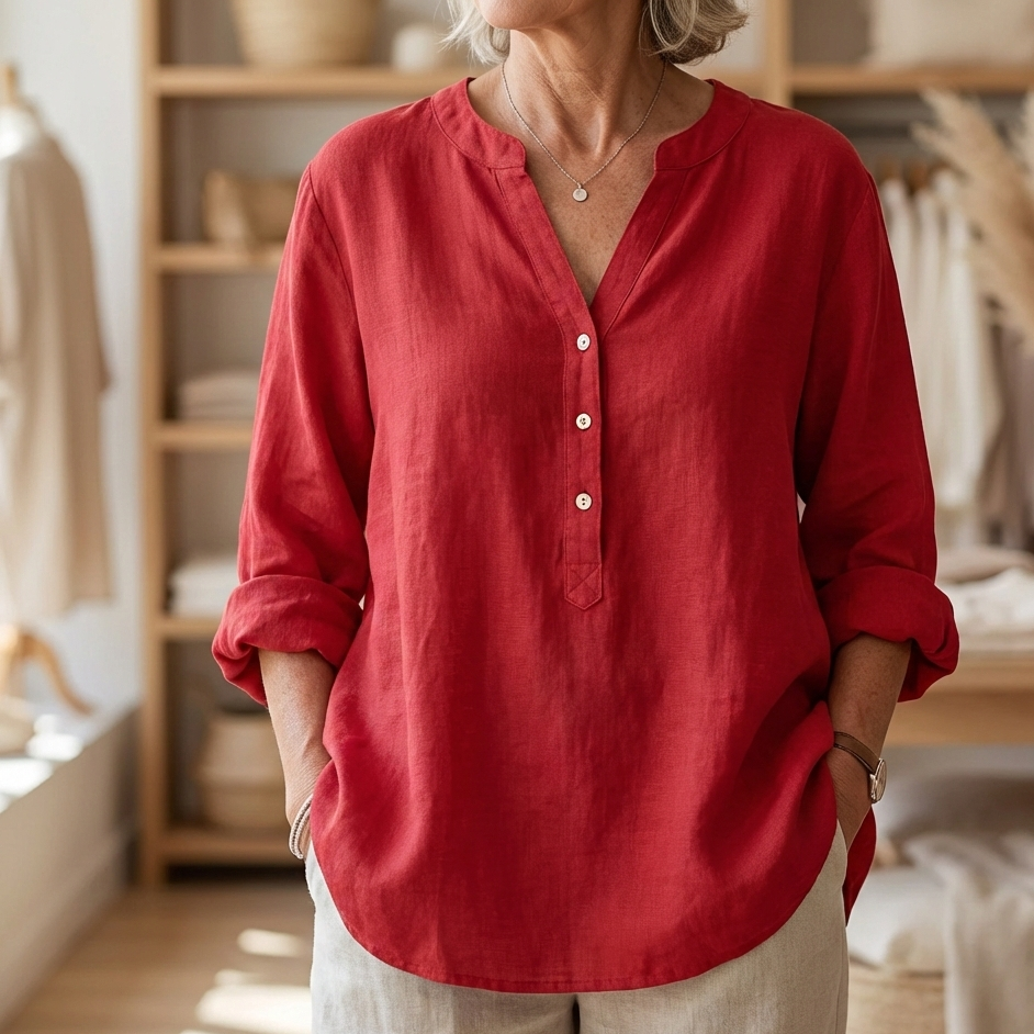 Women's Linen-Cotton Oversized Tunic With V-Neck Button Placket