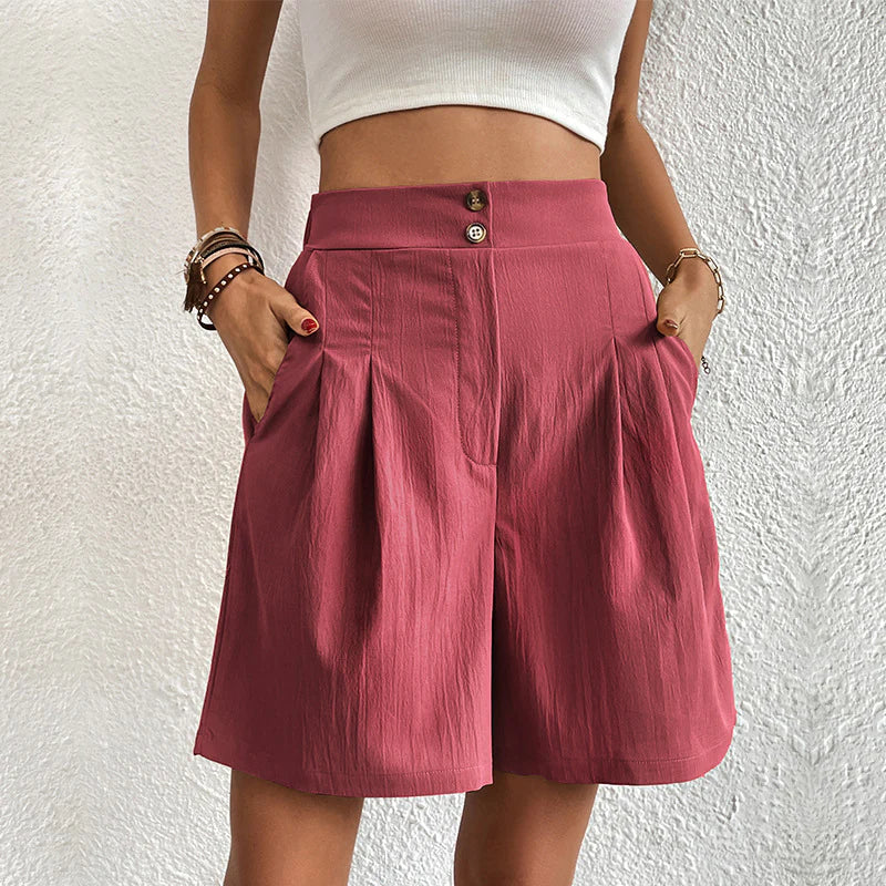 Women’s High-Waisted Pleated Shorts with Front Button Detail and Tailored Silhouette
