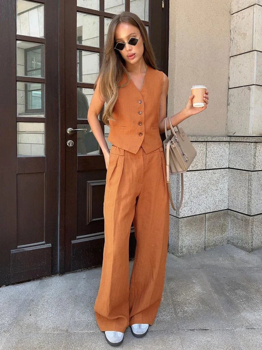 Women's Summer Set with Button-Front Linen Vest and Wide Leg Trousers