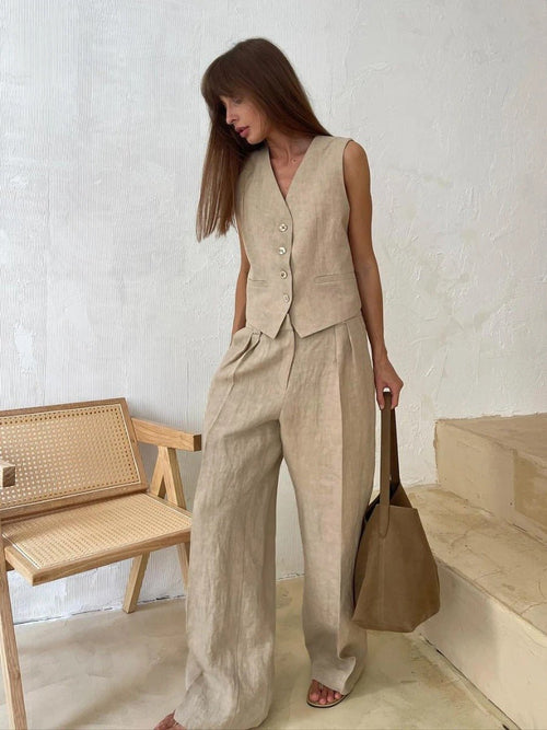 Women's Summer Set with Button-Front Linen Vest and Wide Leg Trousers