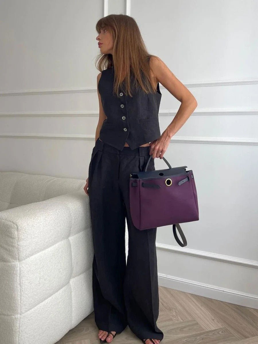 Women's Summer Set with Button-Front Linen Vest and Wide Leg Trousers