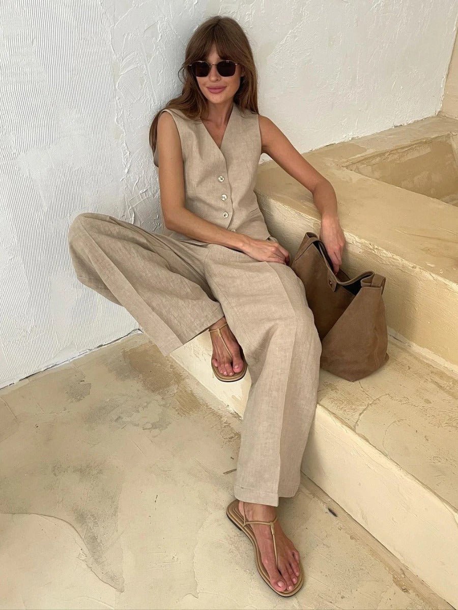 Women's Summer Set with Button-Front Linen Vest and Wide Leg Trousers