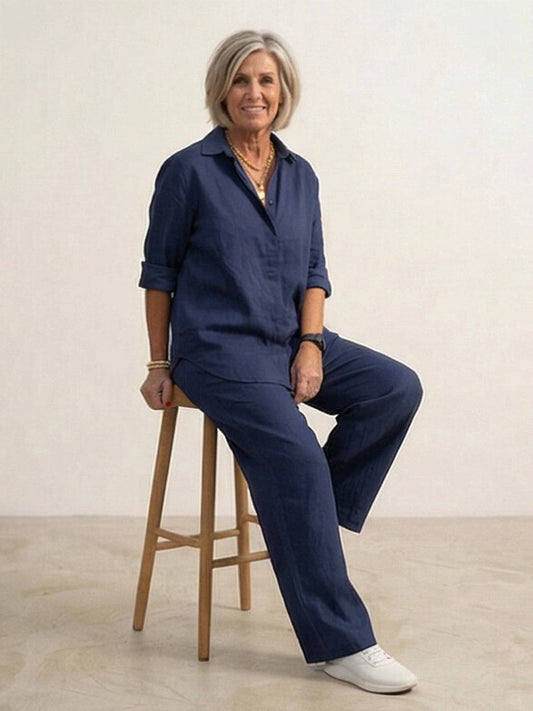 Women’s Two-Piece Set Casual Button-Down Linen Shirt and Wide-Leg Pants