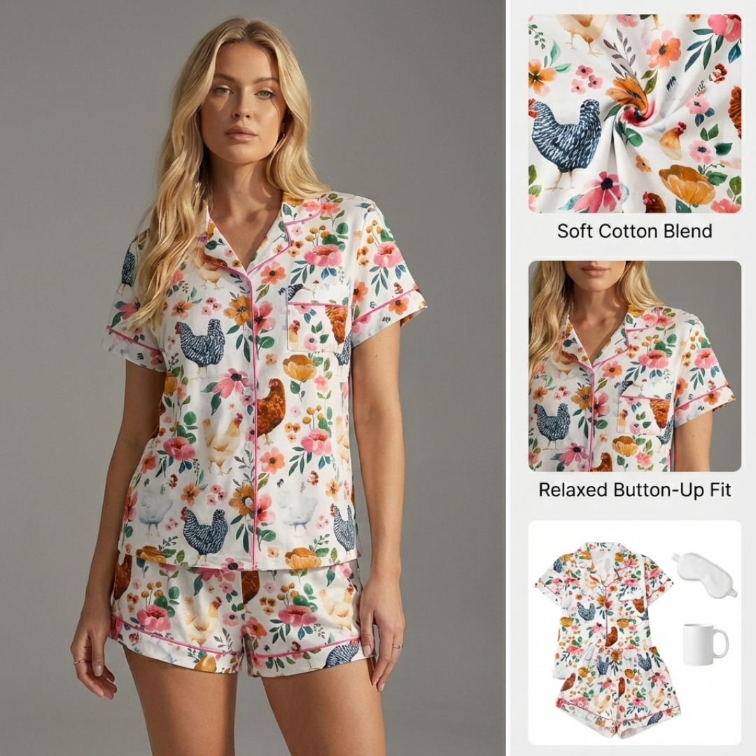 Ceylan Women's Pajama Set: Whimsical Floral Chicken Print