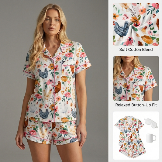 Ceylan Women's Pajama Set: Whimsical Floral Chicken Print