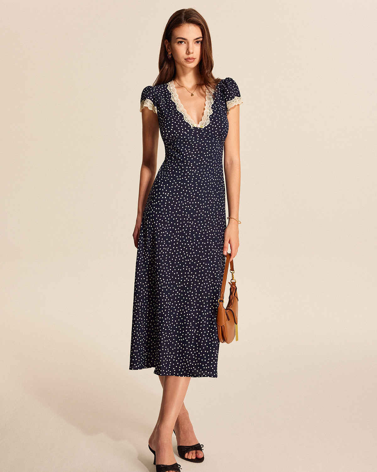 Women’s Boho floral midi dresses Alternative with Polka Dot and Lace Trim