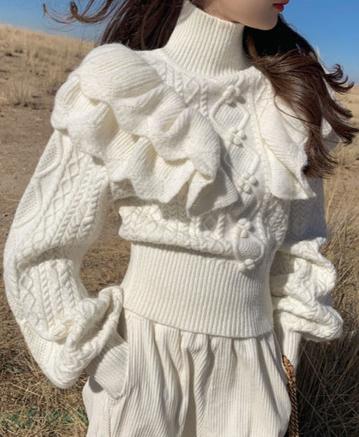 Ceylan Women’s Ruffle Cable Knit Sweater Statement Sleeve