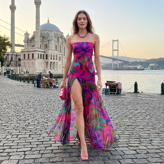 Women’s Strapless Maxi Dress with Floral Print and High Thigh Slit