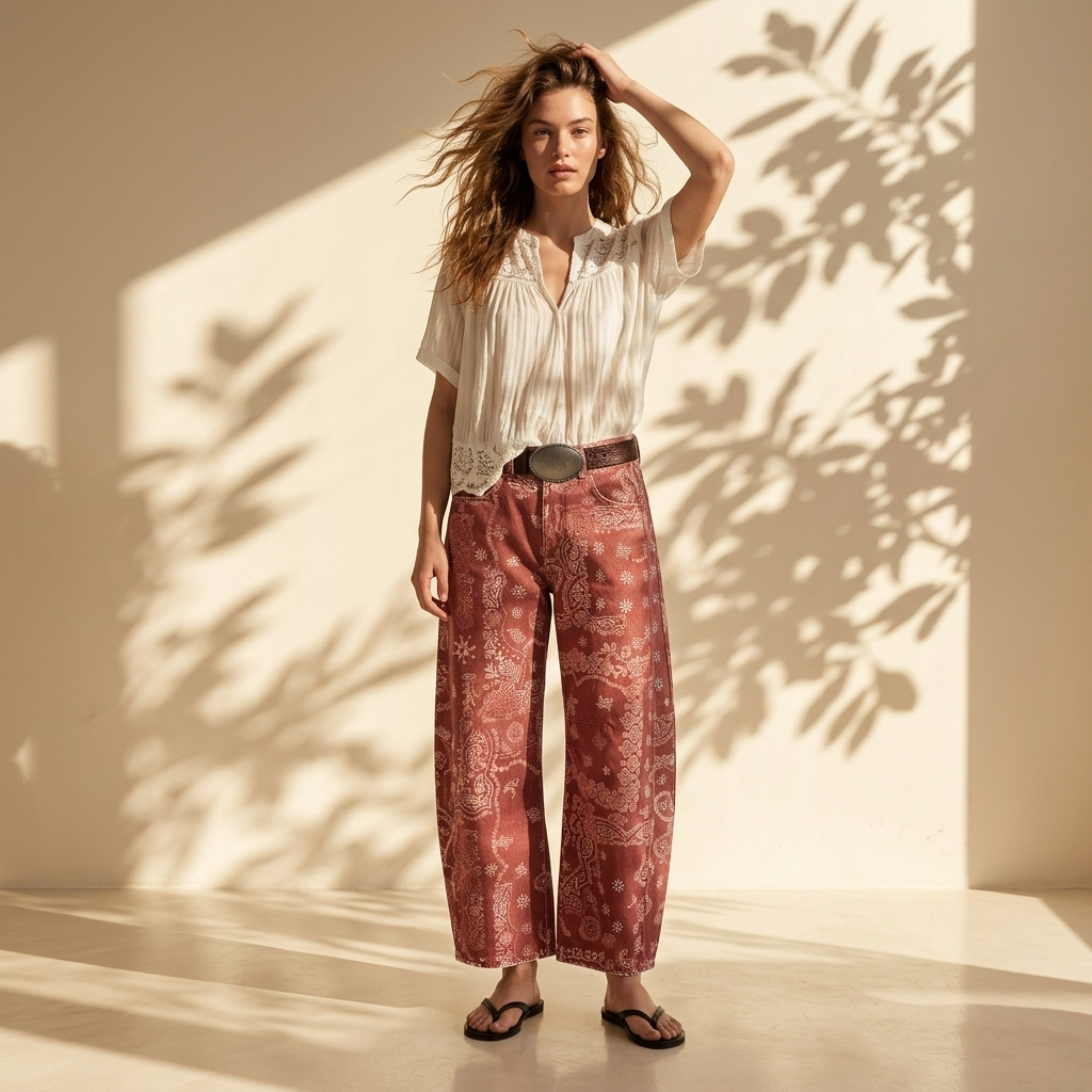 Women¡¯s Barrel Jeans with Paisley Print and High-Rise Fit